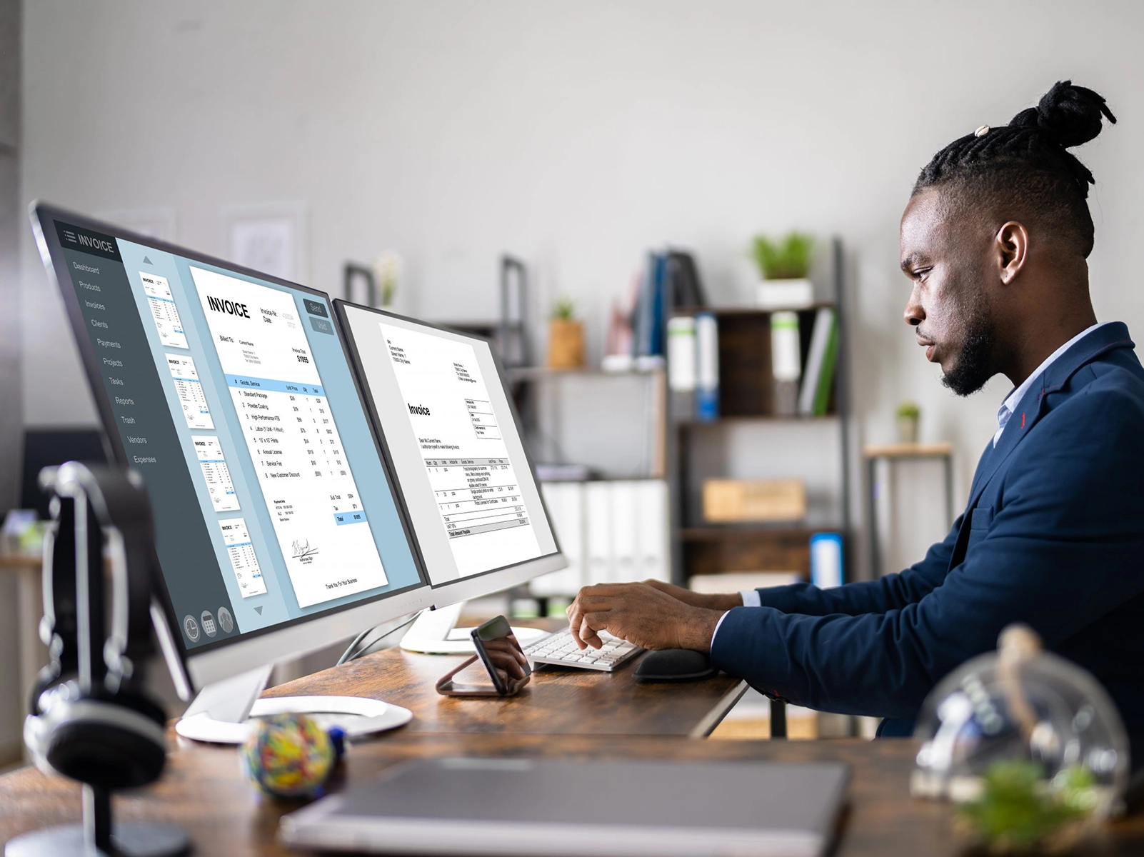 Man of color working in front of two computer monitors