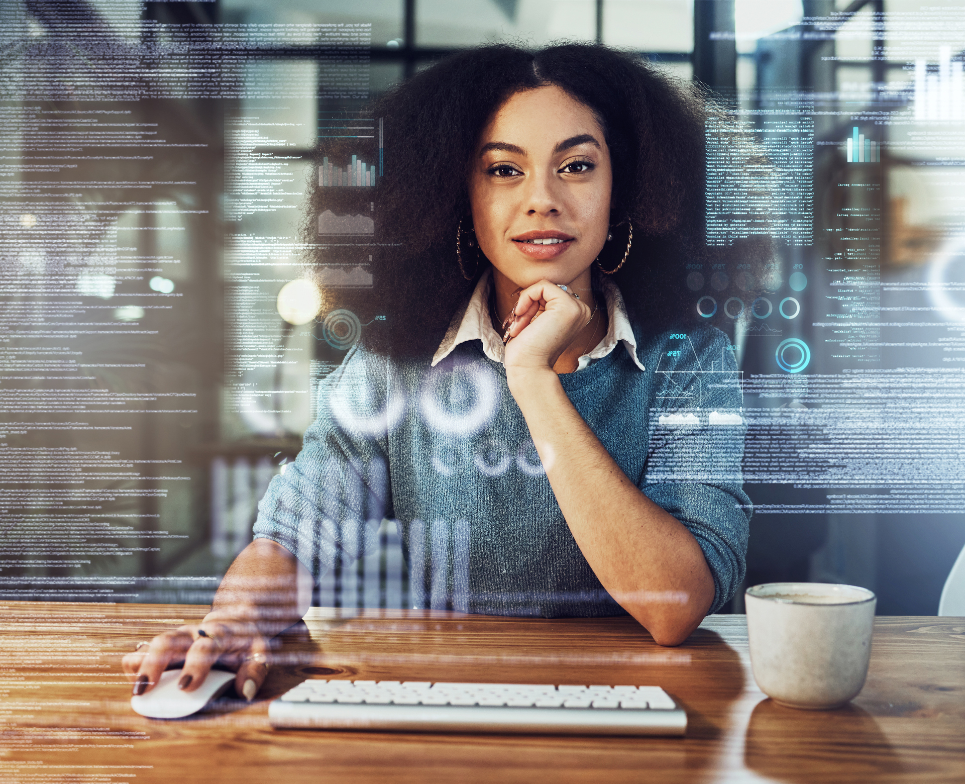 Portrait, coder and woman with hologram, big data and programming with cyber security, metaverse and information. University of Connecticut MS in Advanced Business Analytics